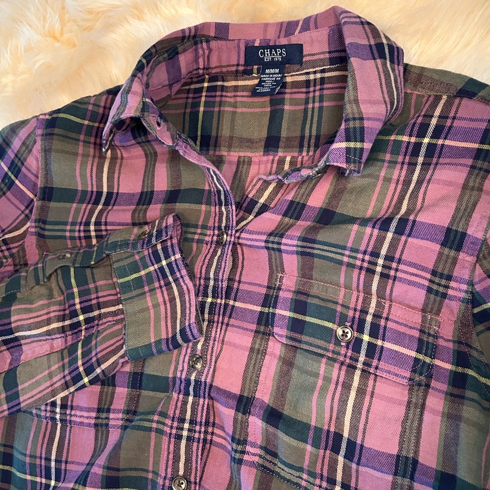 Chaps Plaid Button-Up Shirt Women’s Sz M Purple Green 100% Cotton Flannel